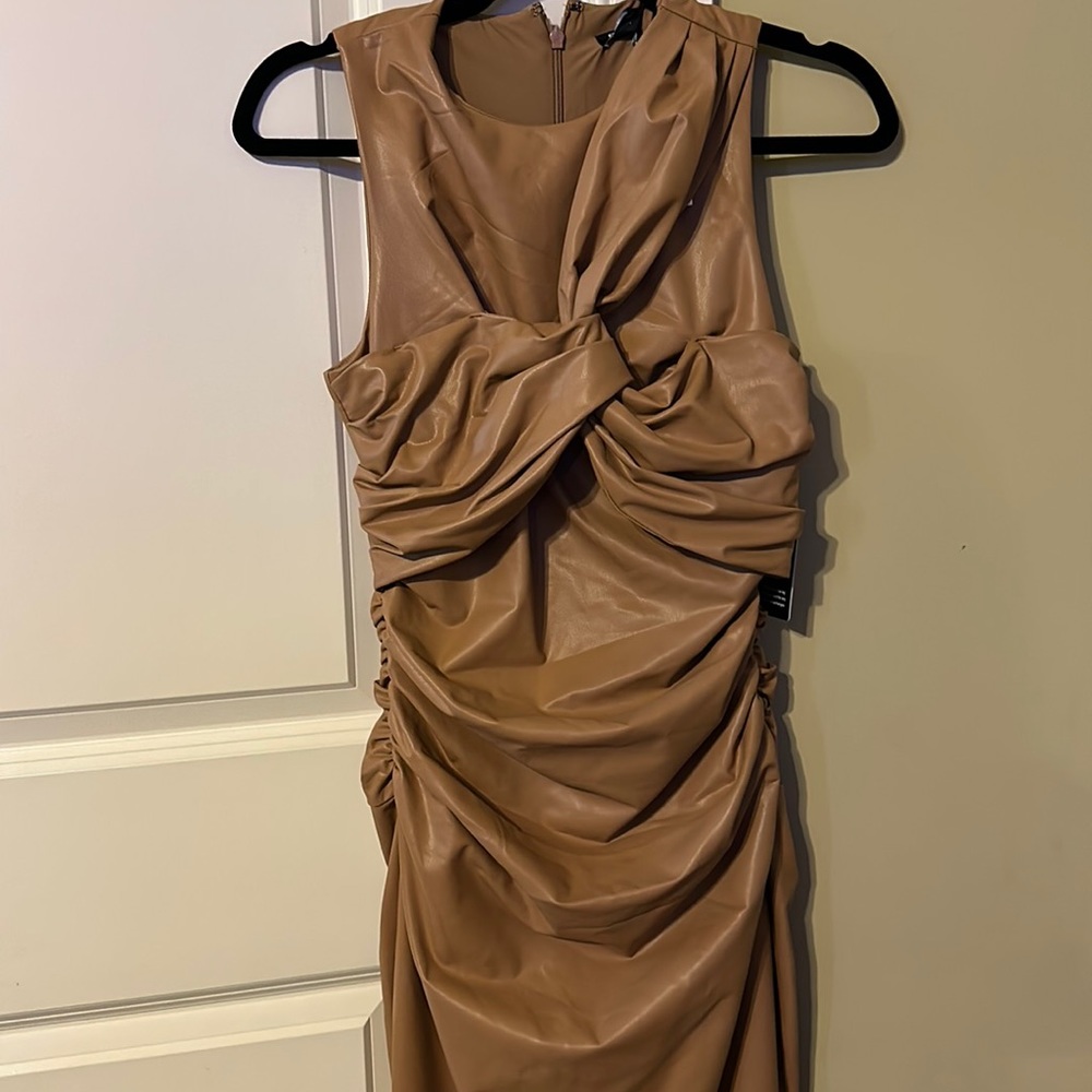 Faux leather draped dress with built in shapewear NWT